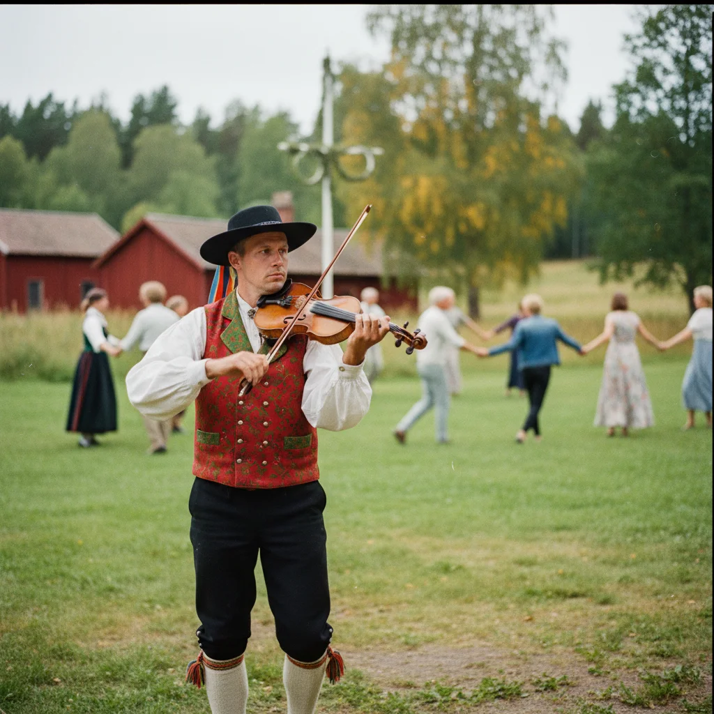 Fiddler in Dalarna-Tracht spielt Geige bei einem Fest