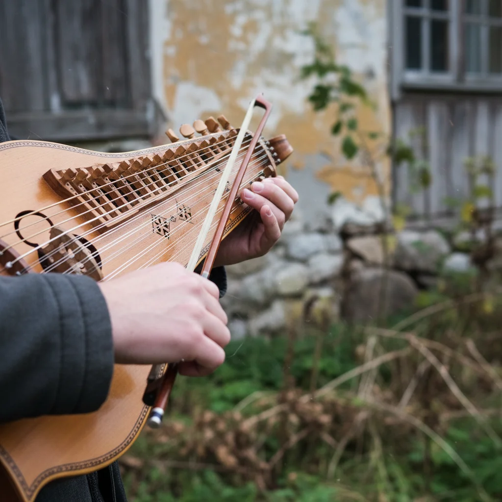 Detailaufnahme einer Nyckelharpa mit sichtbaren Tasten und Saiten