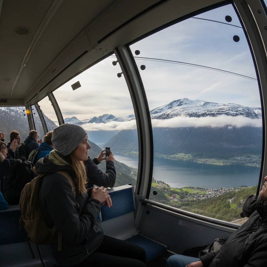 Die Voss Gondol Seilbahn über dem Vangsvatnet mit Bergen im Hintergrund