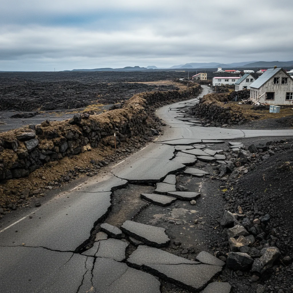 Die Stadt Grindavík mit beschädigten Straßen und Erdwällen zum Schutz vor Lavaströmen