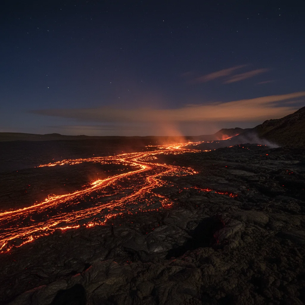 Glühende Lavaströme aus einer Erdspalte auf der Halbinsel Reykjanes bei Nacht