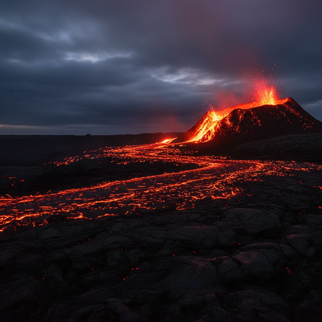 Vulkanausbruch auf Reykjanes bei Nacht mit rotglühender Lava und dunklem Himmel