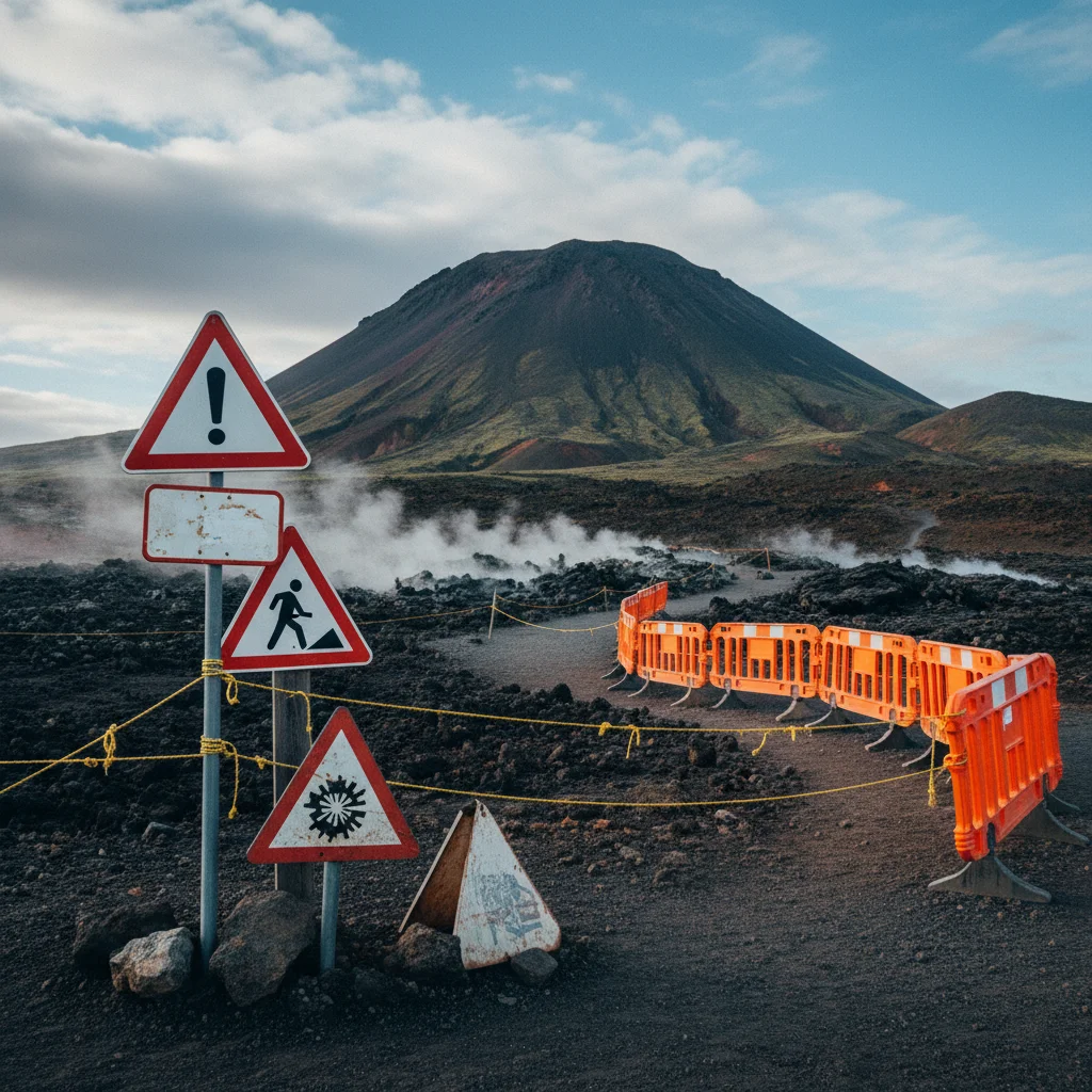 Warnschilder und Absperrungen in der Nähe eines vulkanischen Sperrgebiets auf Reykjanes