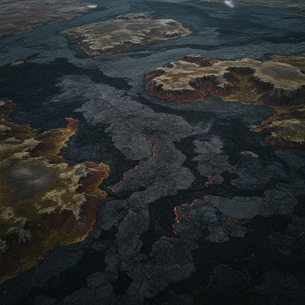 Luftaufnahme des Sundhnúkur-Spaltensystems mit erkalteten Lavafeldern auf der Halbinsel Reykjanes
