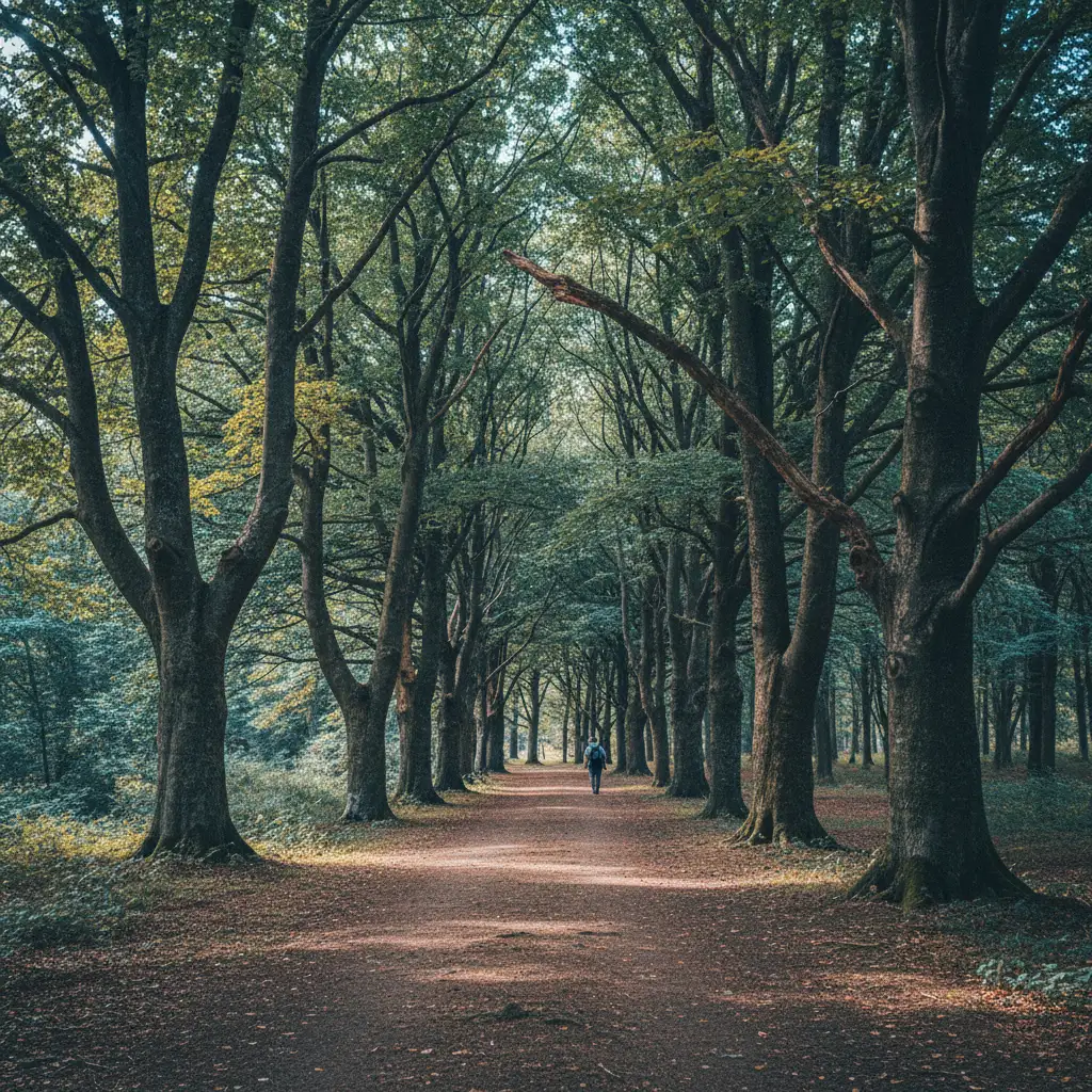 Gribskov auf Seeland mit breitem Waldweg und alten Buchen zu beiden Seiten