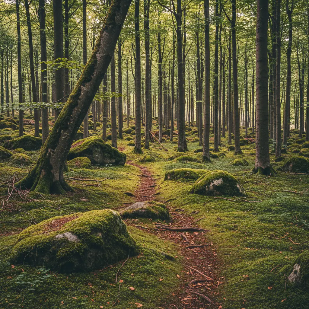 Rold Skov in Nordjütland mit moosbedecktem Waldboden und hohen Buchen