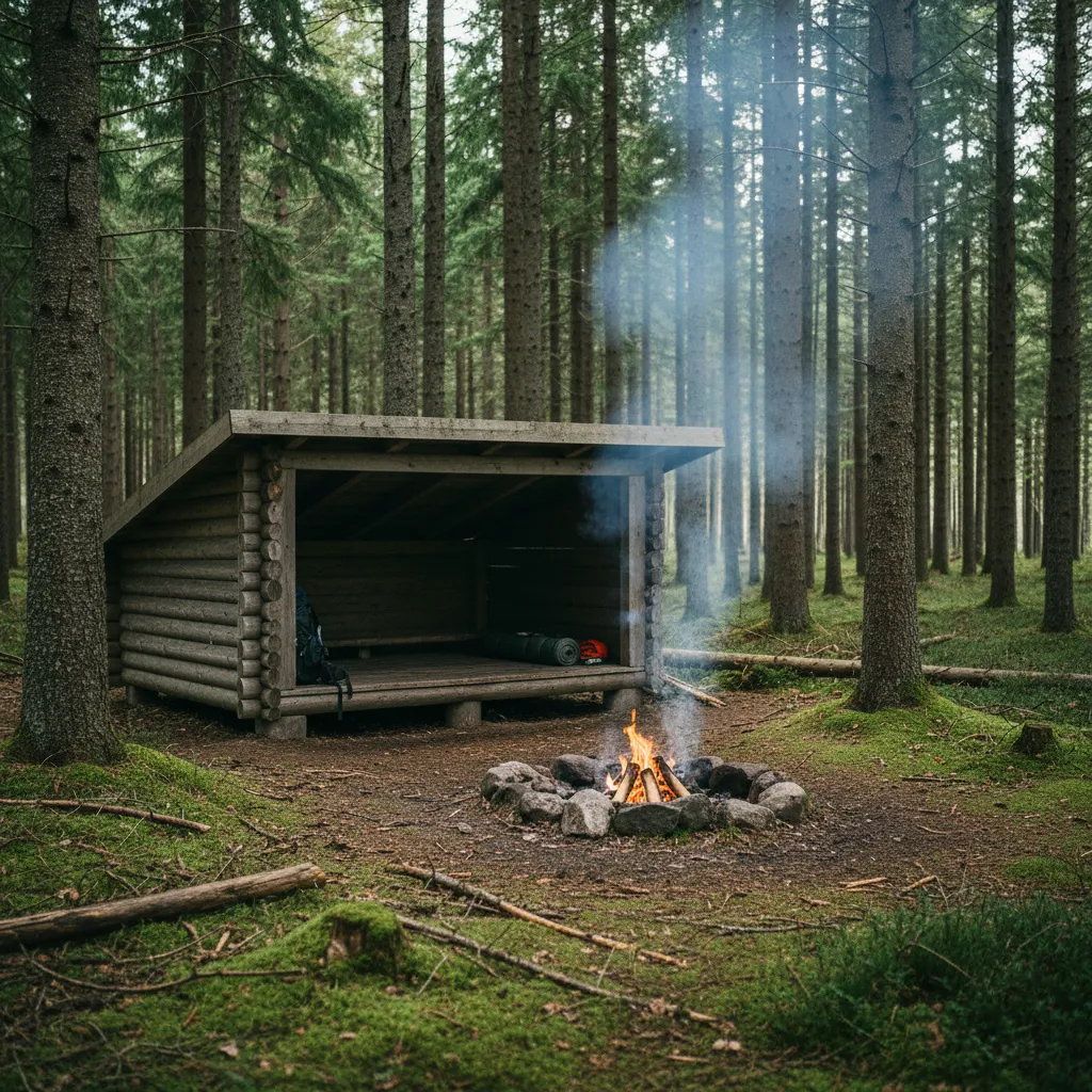 Shelter-Übernachtungsplatz im dänischen Wald mit Holzunterstand und Feuerstelle