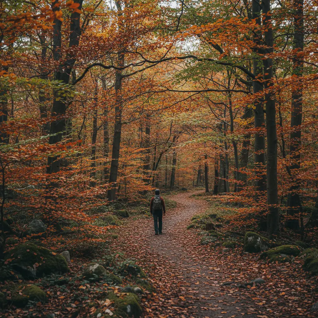 Wanderer auf einem Waldweg durch dänischen Laubwald mit herbstlicher Färbung