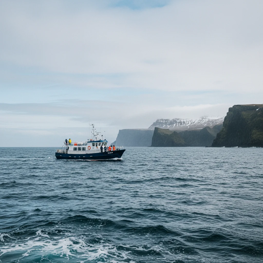 Walbeobachtungsboot auf dem Meer vor Islands Küste
