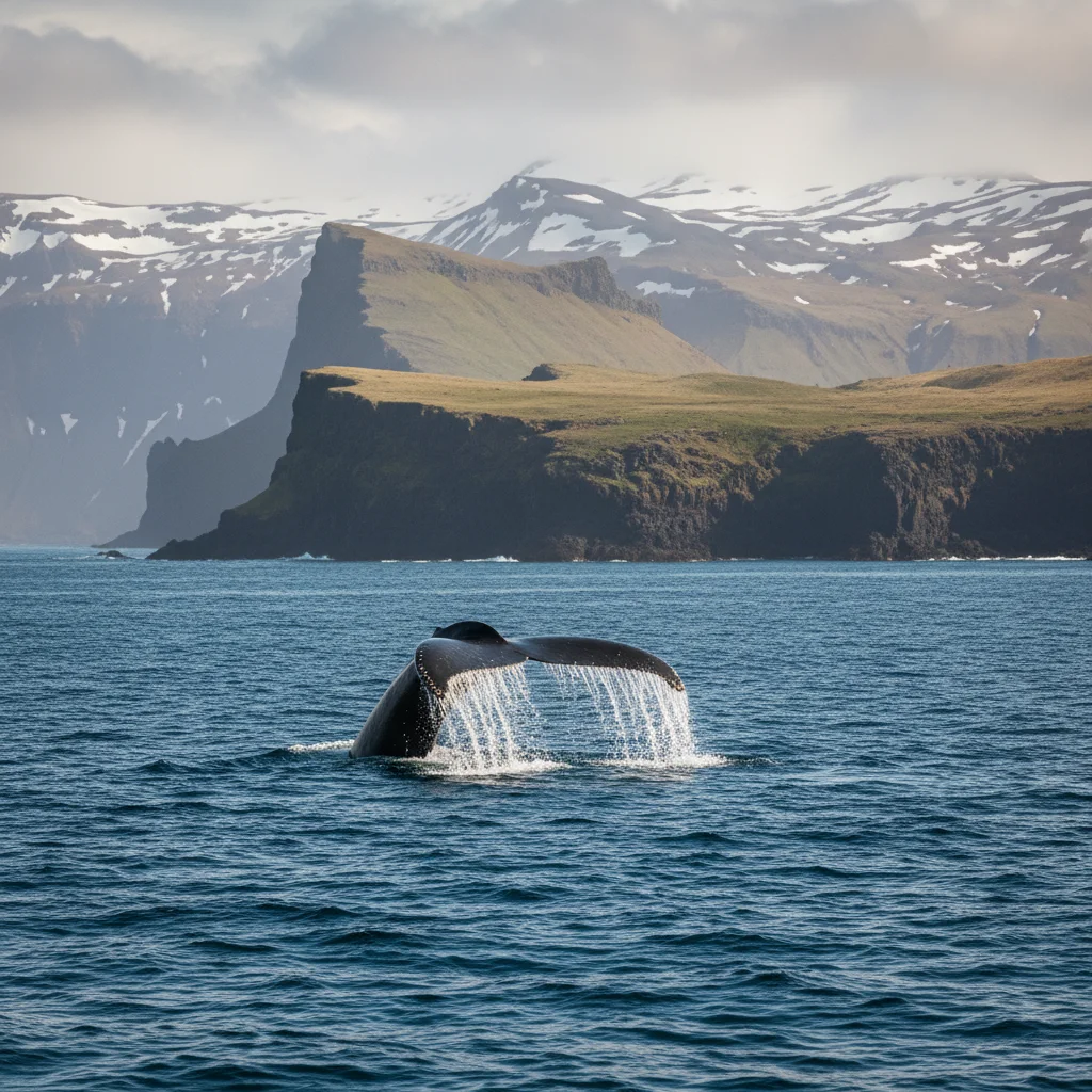 Buckelwal taucht vor der Küste Islands auf und zeigt seine Fluke