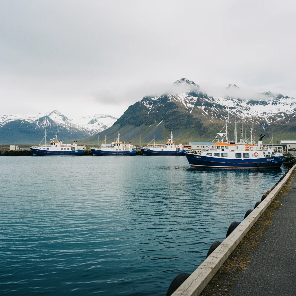 Hafen von Húsavík mit Walbeobachtungsbooten und Bergen im Hintergrund