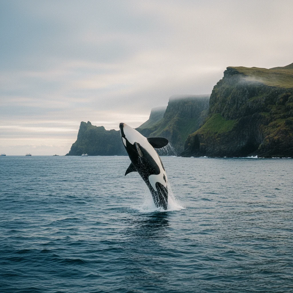 Orca (Schwertwal) springt aus dem Wasser vor Islands Küste
