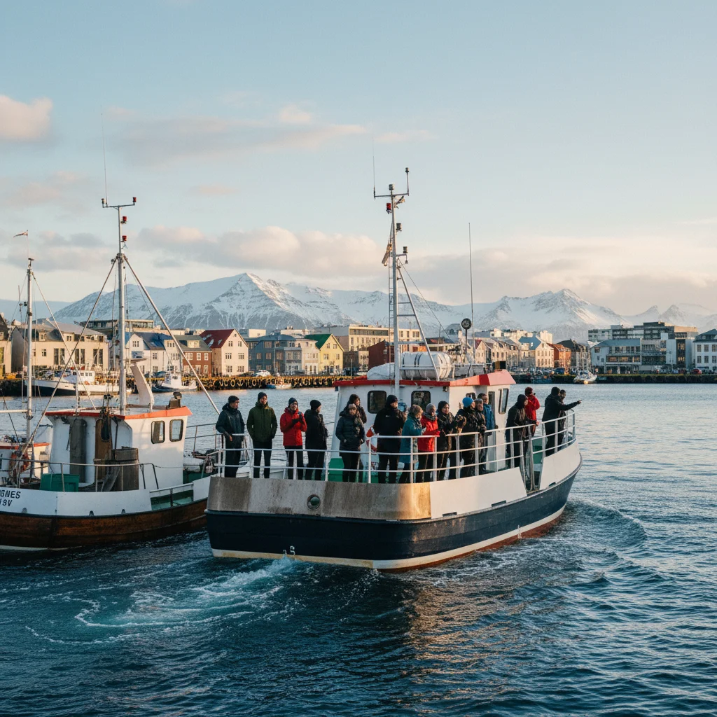 Walbeobachtungstour im Hafen von Reykjavík mit Stadt im Hintergrund