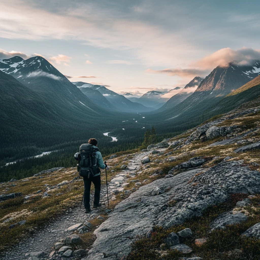 Wanderer auf einem Bergpfad in einem skandinavischen Nationalpark