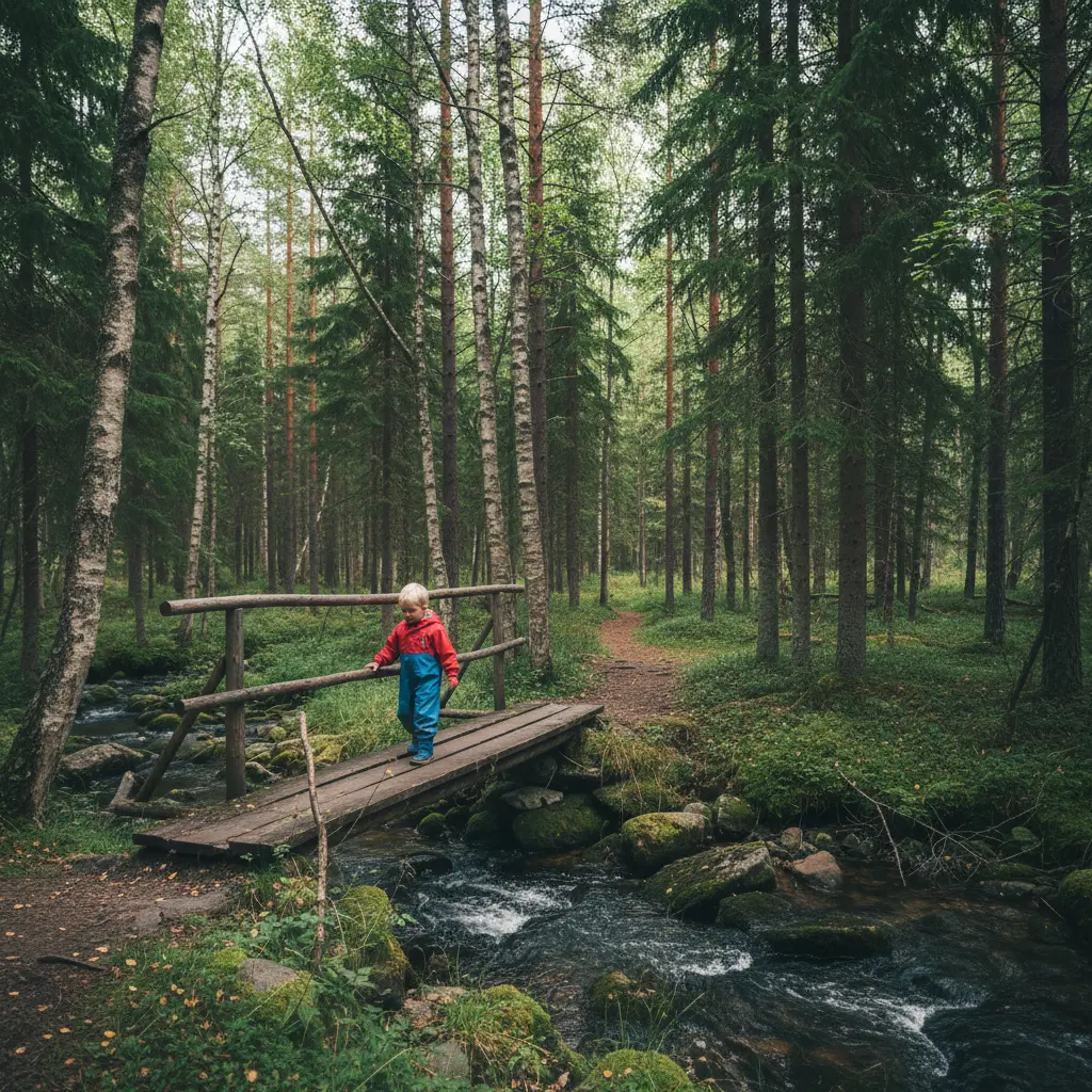 Kind überquert eine kleine Holzbrücke über einen Bach im schwedischen Wald
