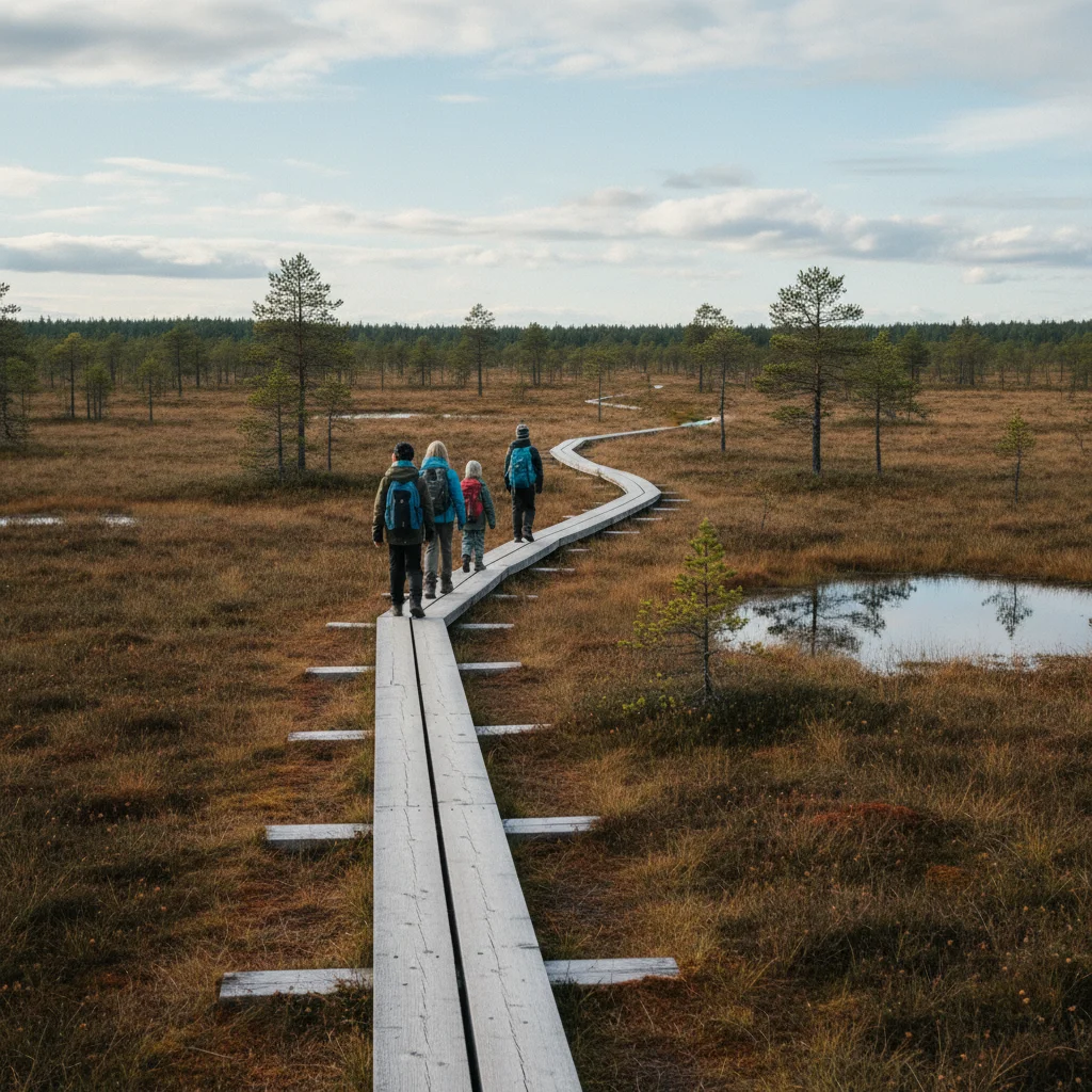 Holzsteg durch ein finnisches Moorgebiet in einem Nationalpark mit wandernder Familie