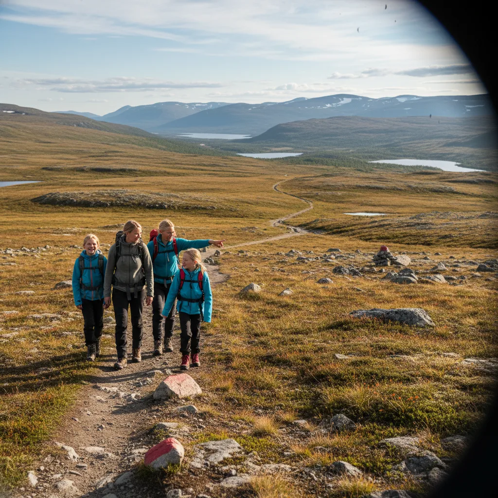 Familie mit zwei Kindern wandert auf einem markierten Pfad durch die schwedische Fjälllandschaft