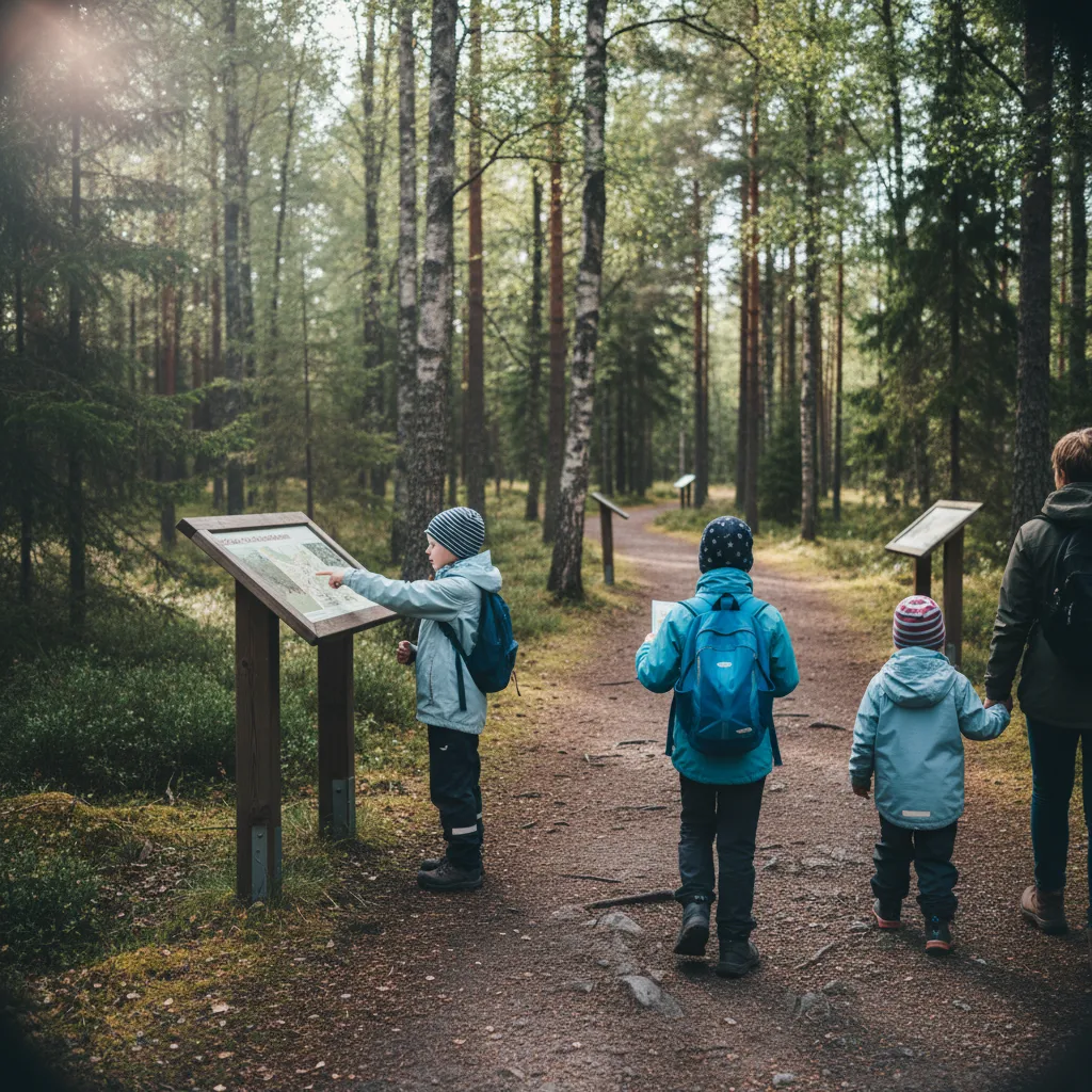 Kinder erkunden einen Naturlehrpfad in einem schwedischen Nationalpark mit Informationstafeln
