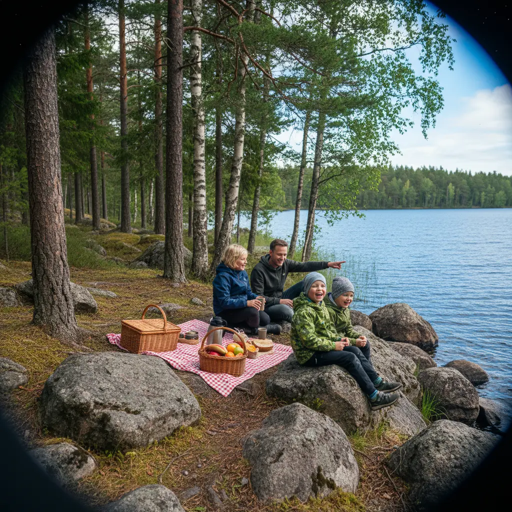 Familie macht Picknick an einem schwedischen Waldsee, Kinder sitzen auf Felsen