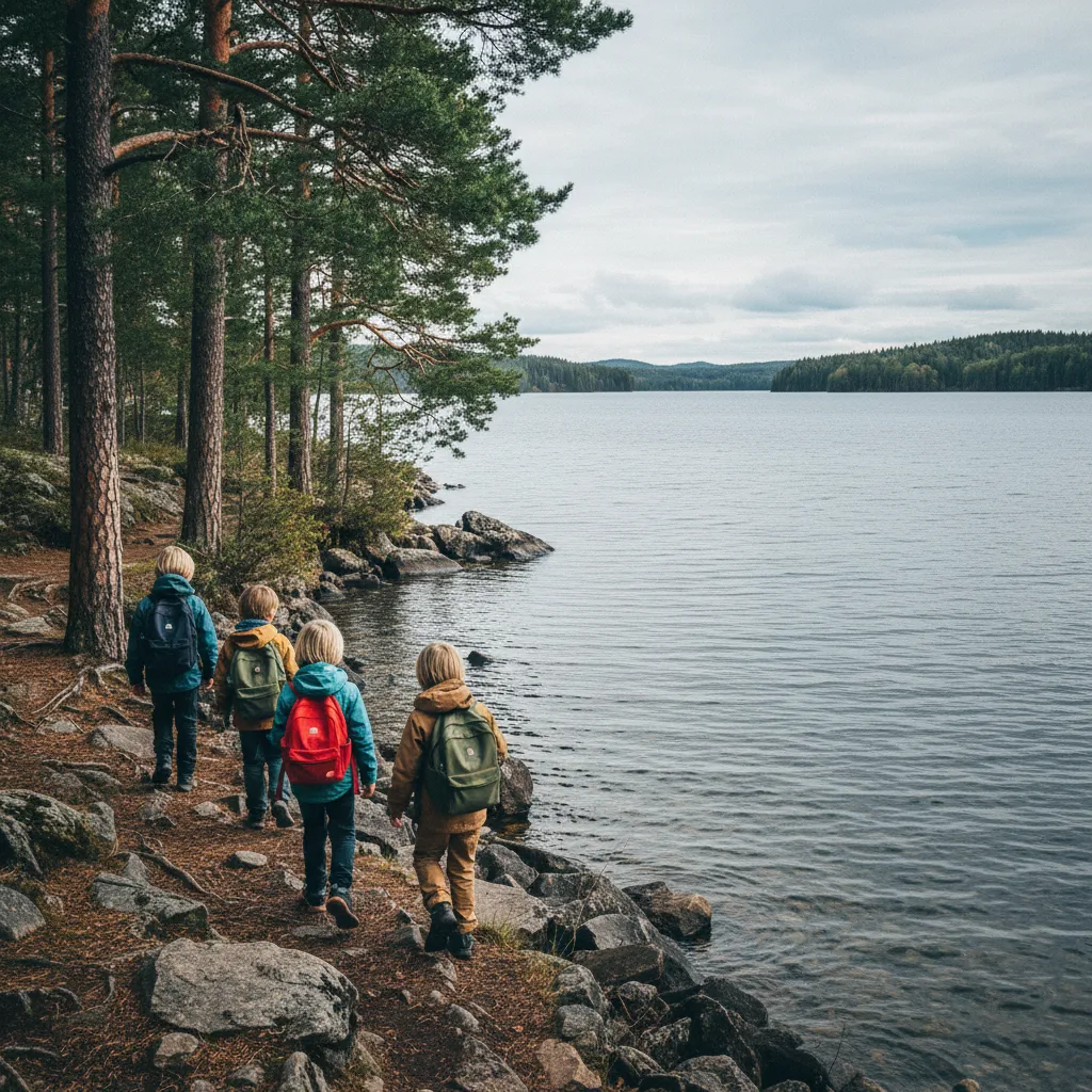 Kinder wandern an einem schwedischen See entlang mit Rucksack