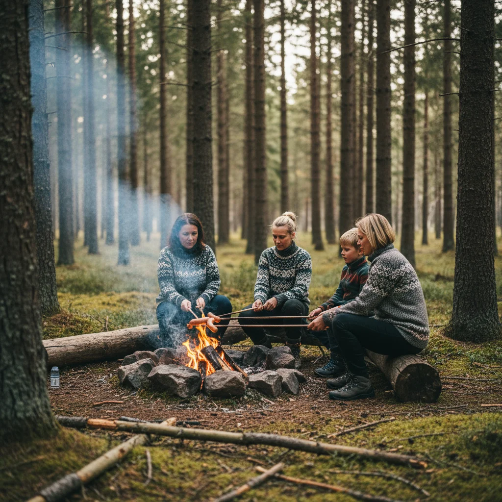 Familie grillt Würstchen über einer offenen Feuerstelle im skandinavischen Wald