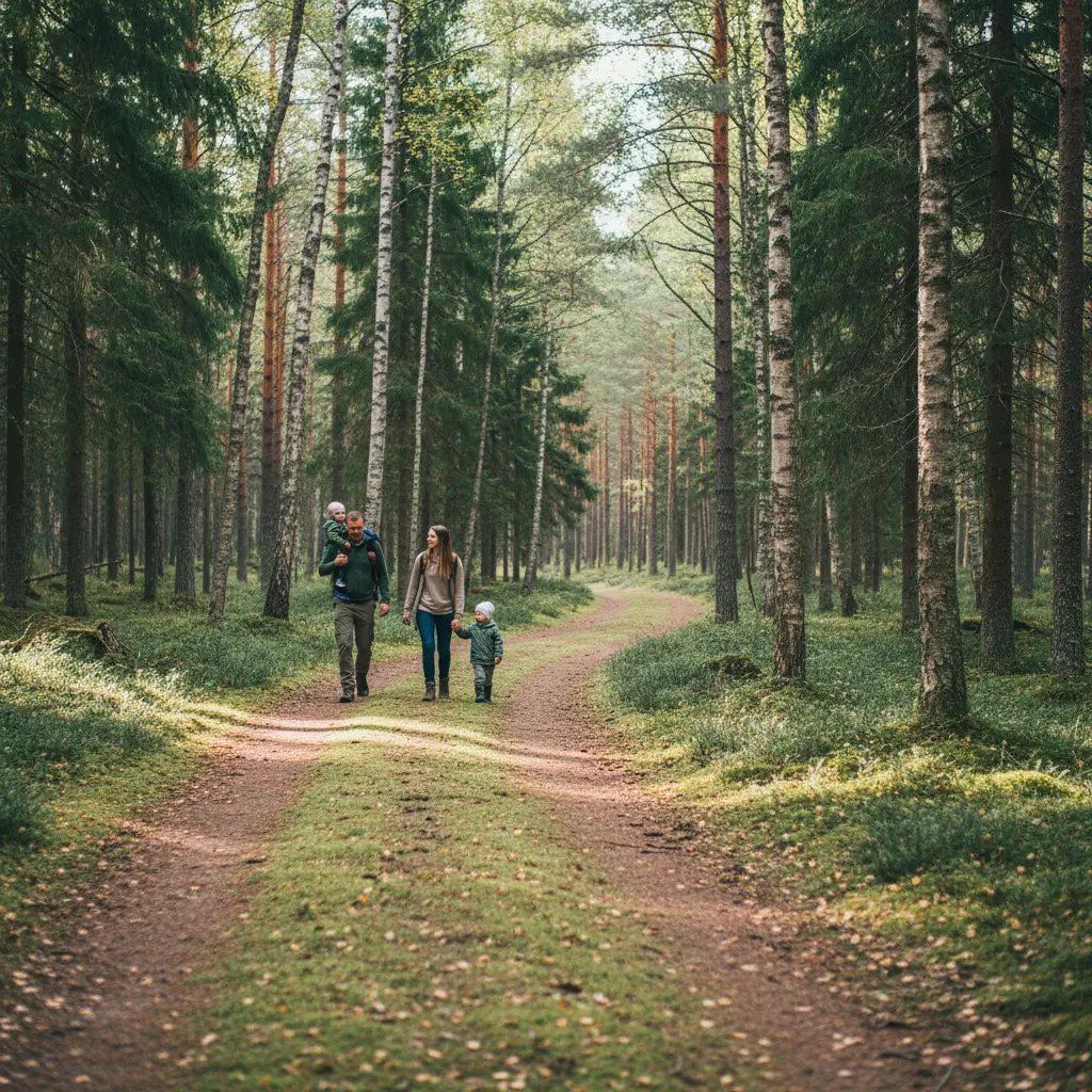 Familie wandert auf einem weichen Waldweg in Skandinavien mit Kindern