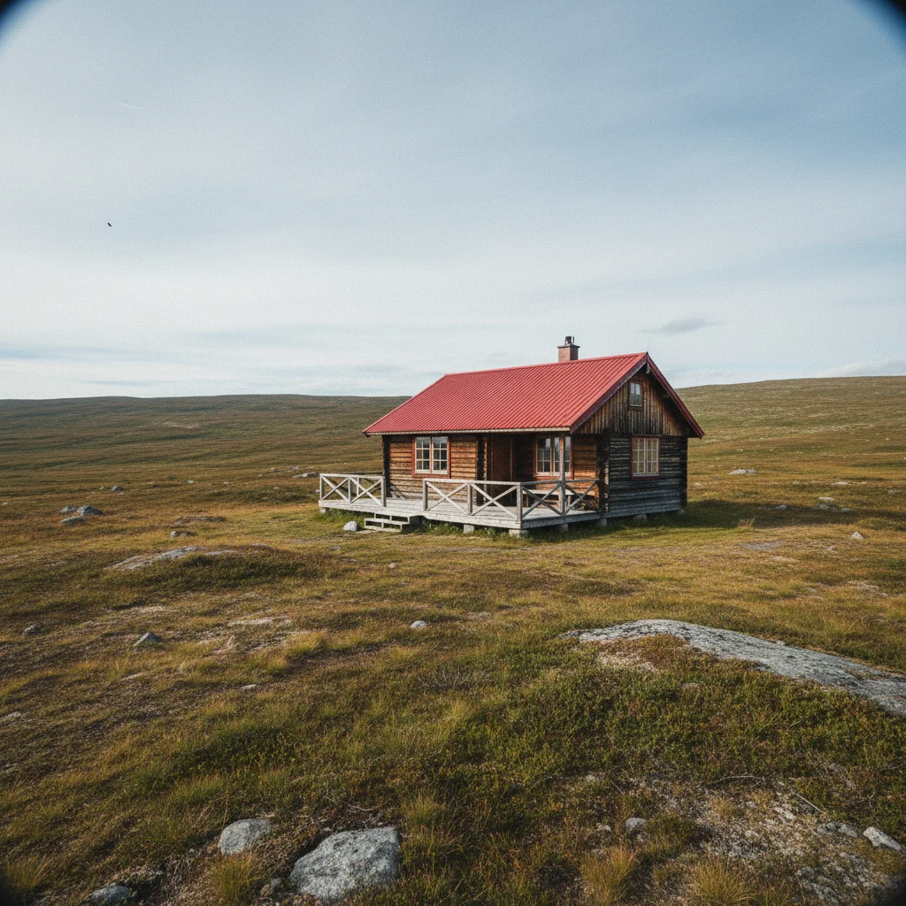 STF-Wanderhütte in der schwedischen Fjälllandschaft mit rotem Dach und Holzveranda