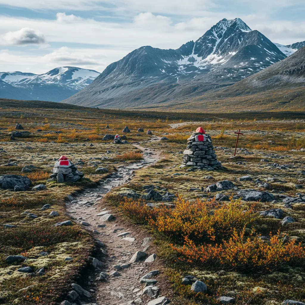 Markierter Wanderweg auf dem Kungsleden in Schwedisch-Lappland mit Blick auf Berge