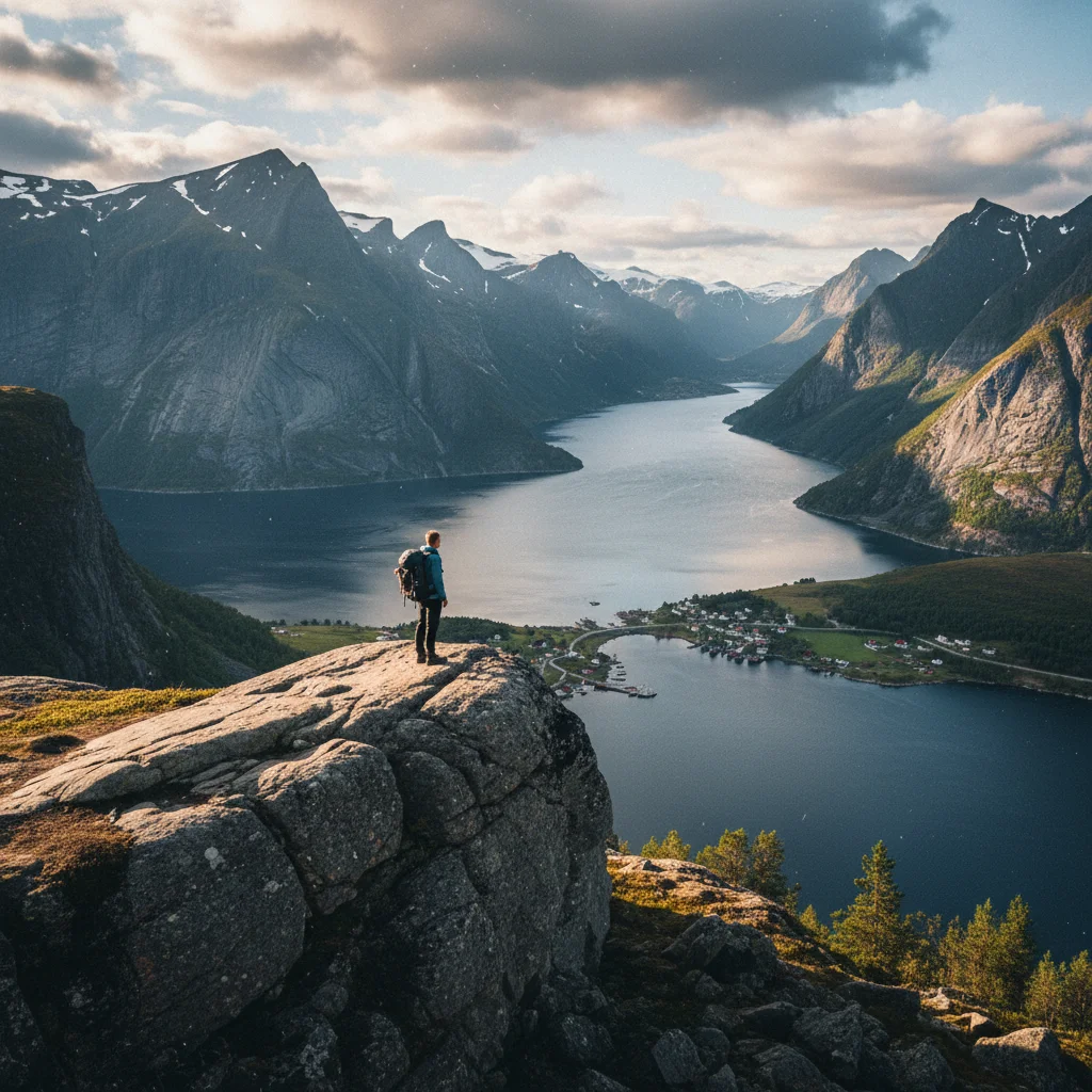 Wanderer auf einem Felsvorsprung mit Blick auf einen norwegischen Fjord