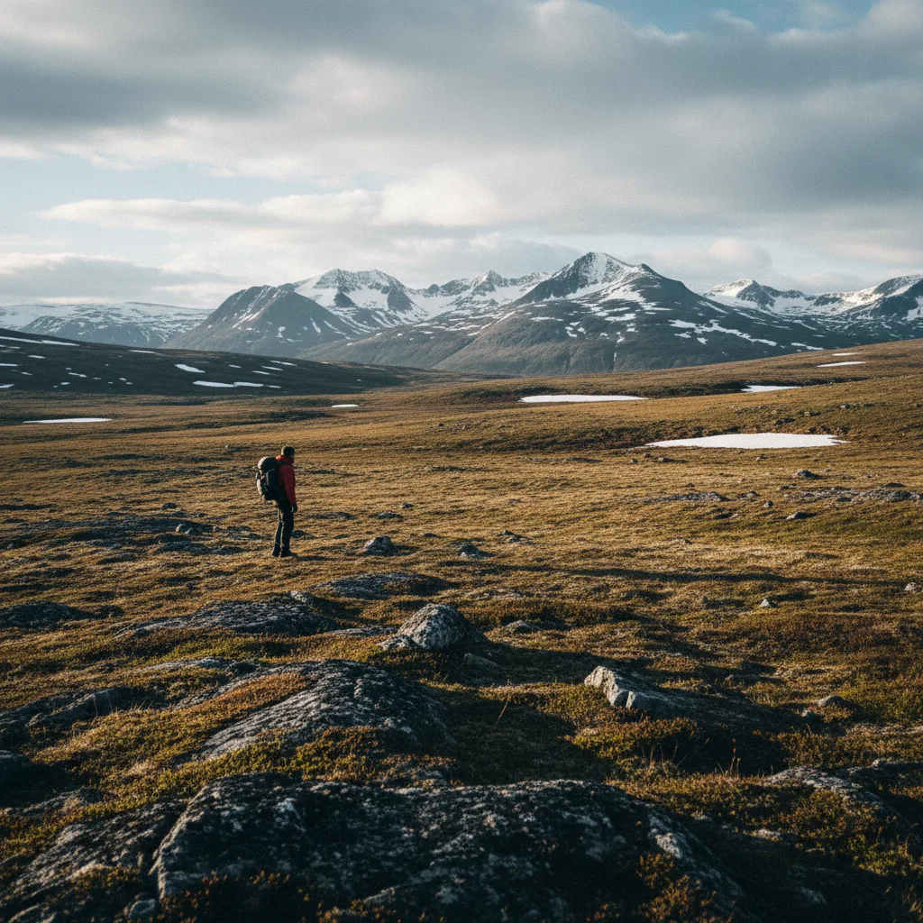 Wanderer auf einer weiten Hochebene in Skandinavien mit Bergen am Horizont