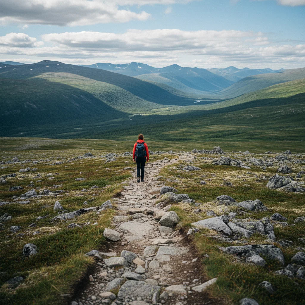 Wanderer auf einem Fjäll-Pfad in Lappland mit weitem Blick über grüne Täler