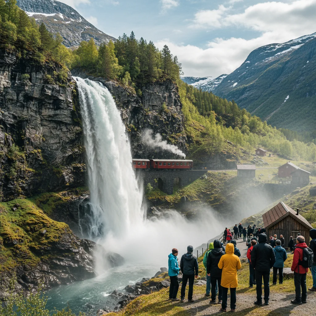 Der Kjosfossen Wasserfall an der Flåmsbahn Strecke