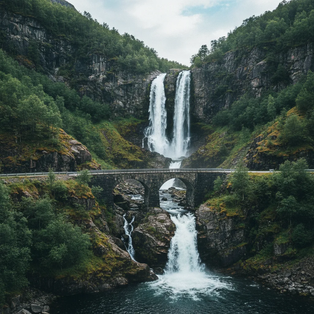 Der Låtefossen Zwillingswasserfall bei Odda mit der historischen Steinbrücke