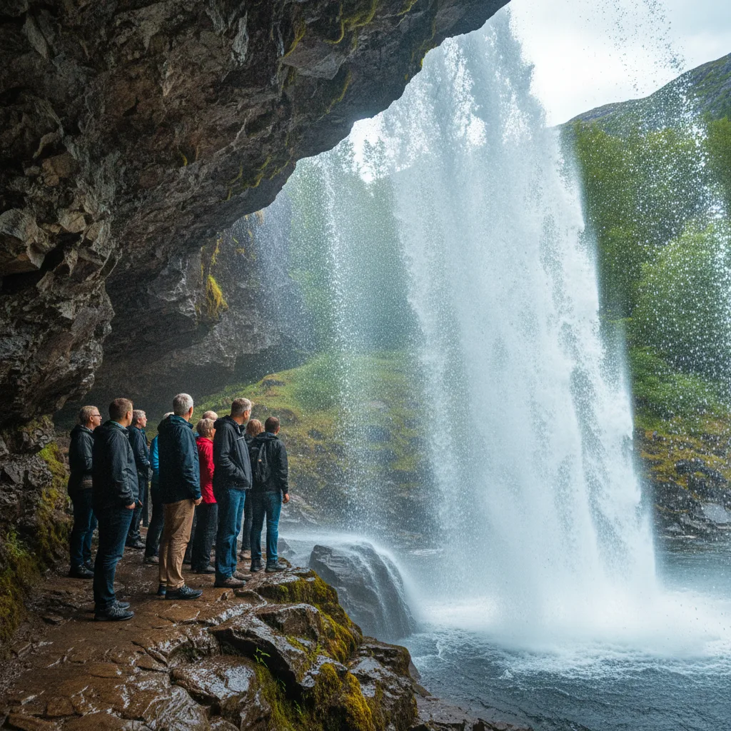 Besucher stehen hinter dem Steinsdalsfossen Wasserfall und blicken durch den Wasserschleier