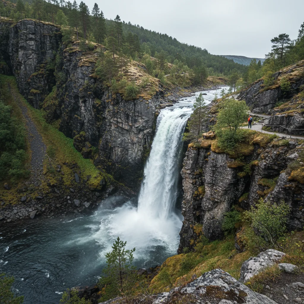 Der Vøringsfossen Wasserfall stürzt 182 Meter in die Måbødalen Schlucht
