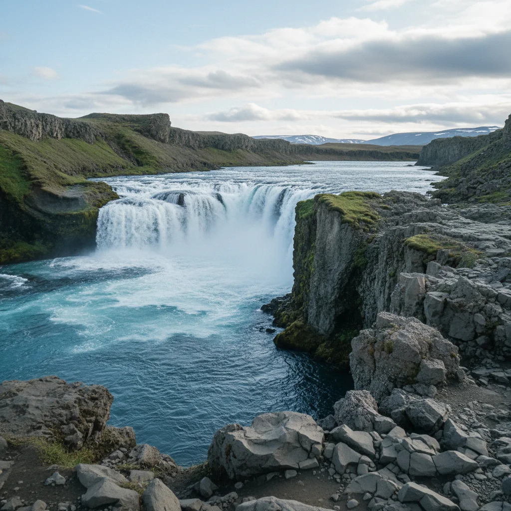 Goðafoss Wasserfall in Island mit hufeisenförmiger Kante