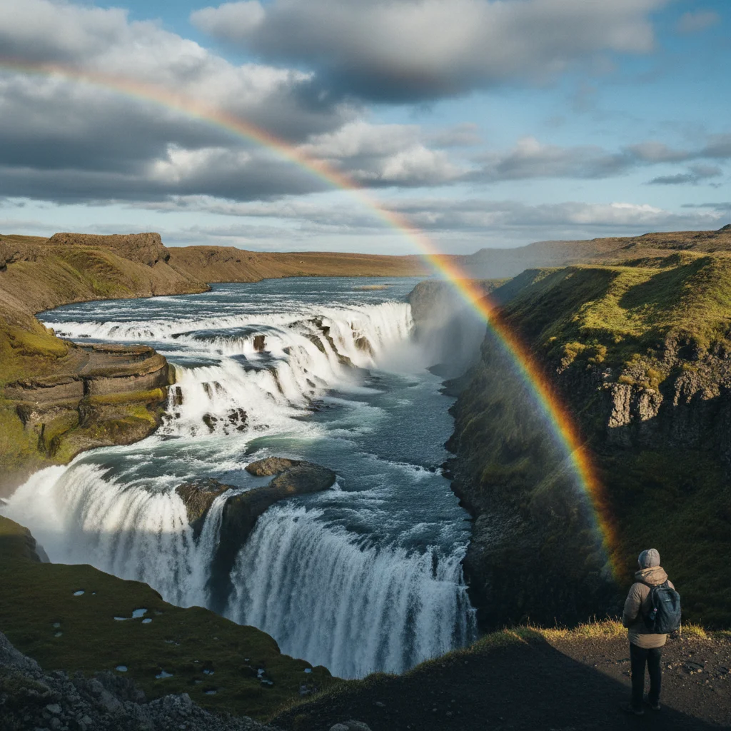 Gullfoss Wasserfall in Island mit Regenbogen über der Schlucht
