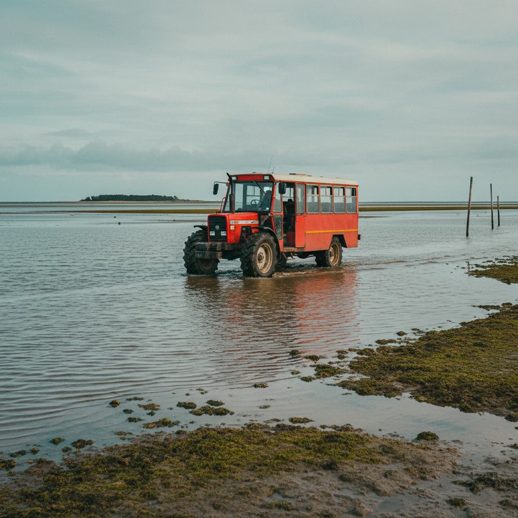 Traktor-Bus auf dem Weg zur Insel Mandø durch das Wattenmeer