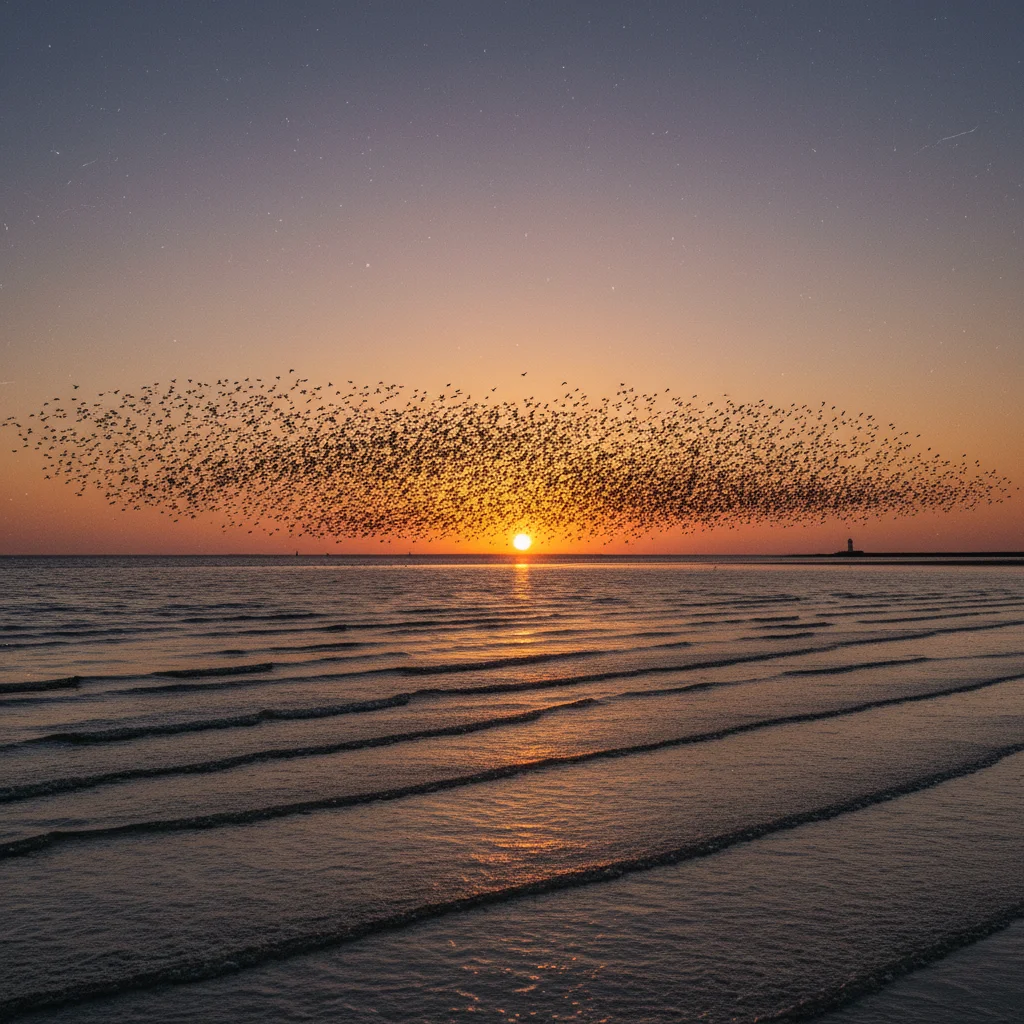 Vogelscharen über dem dänischen Wattenmeer bei Sonnenuntergang