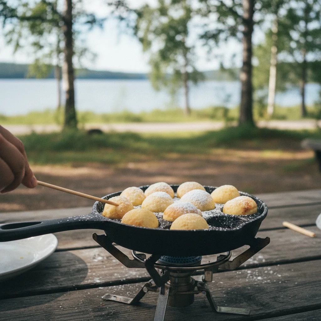 Æbleskiver in der Pfanne mit Puderzucker