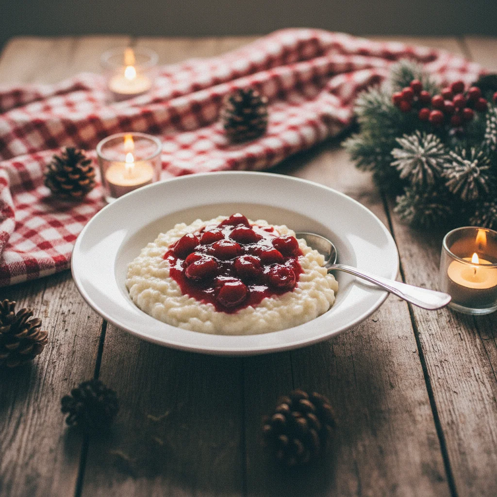 Dänische Risalamande mit warmer Kirschsoße in einer weißen Schale auf einem weihnachtlichen Tisch