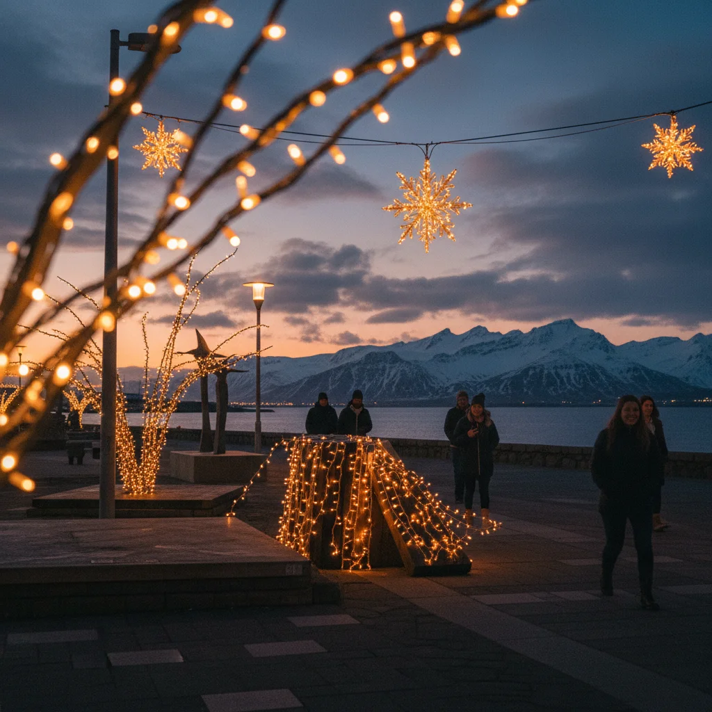 Beleuchtete Weihnachtsdekoration in Reykjavik mit Bergen im Hintergrund