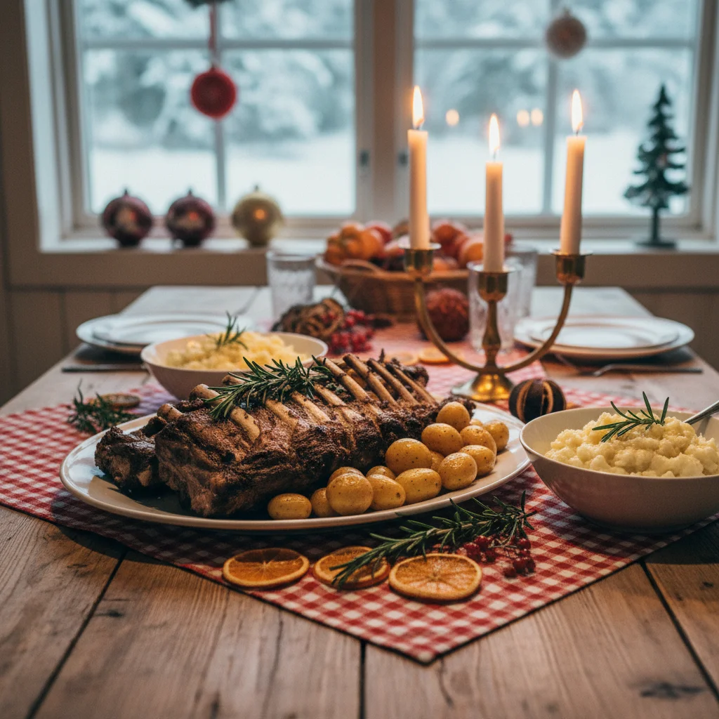 Norwegisches Pinnekjøtt mit Kohlrabi-Stampf und Kartoffeln auf einem weihnachtlich gedeckten Tisch
