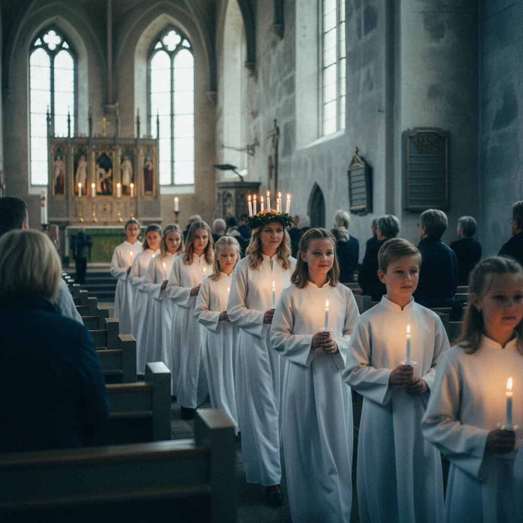 Lucia-Prozession mit Kerzenkranz und weißen Gewändern in einer schwedischen Kirche