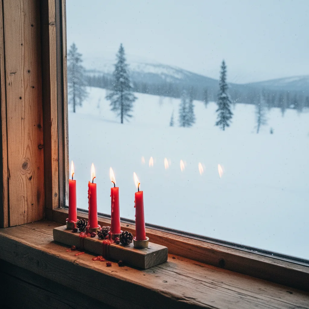 Adventskerzen auf einer Fensterbank in einem skandinavischen Holzhaus mit Schnee draußen