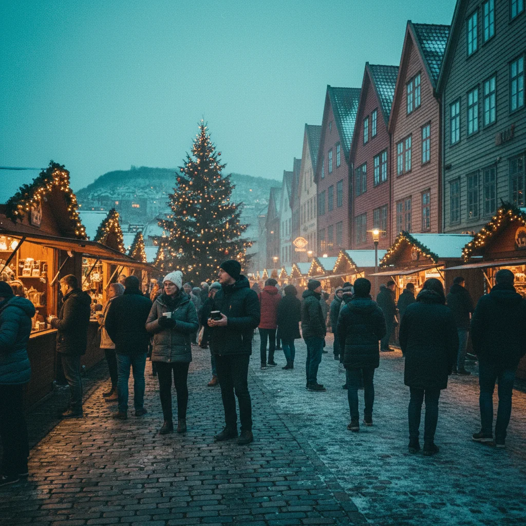 Weihnachtsmarkt in Bergen vor dem historischen Bryggen-Viertel