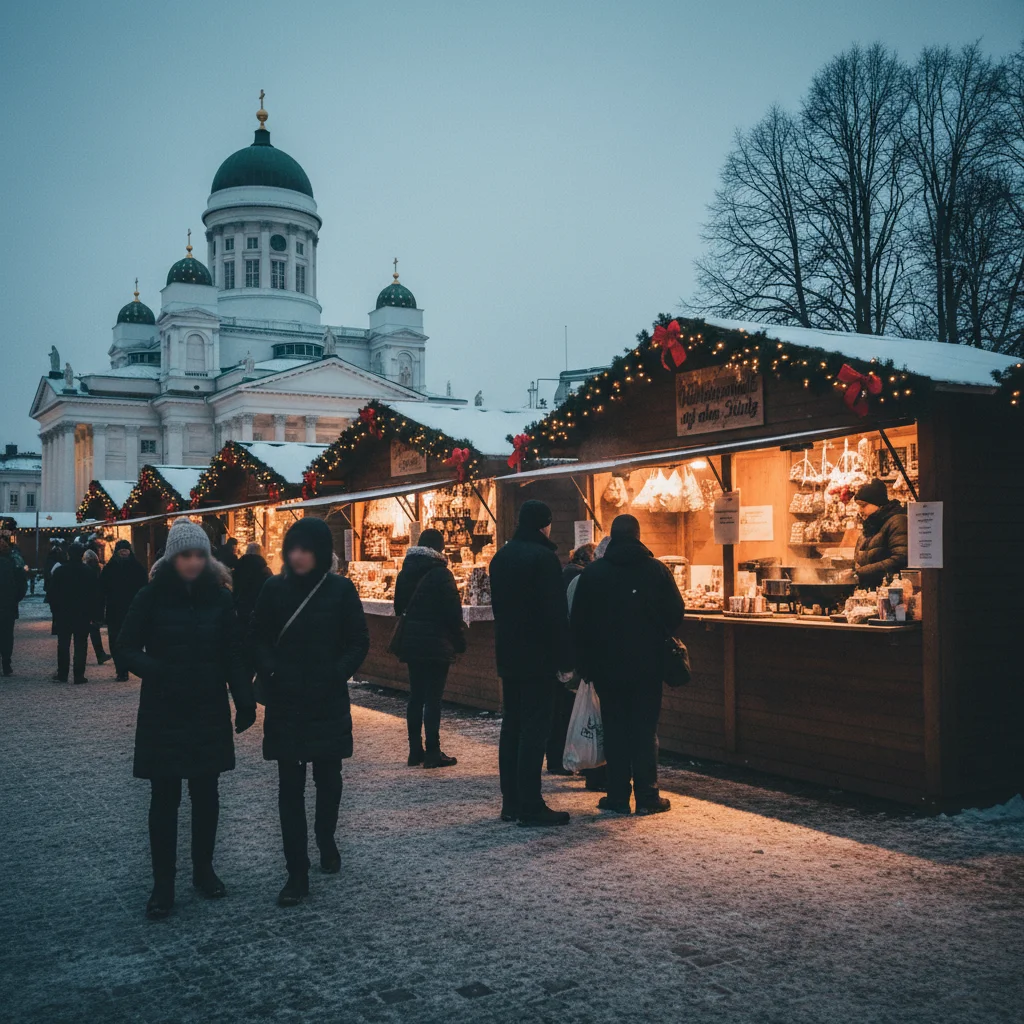 Weihnachtsmarkt auf dem Senatsplatz in Helsinki vor dem weißen Dom
