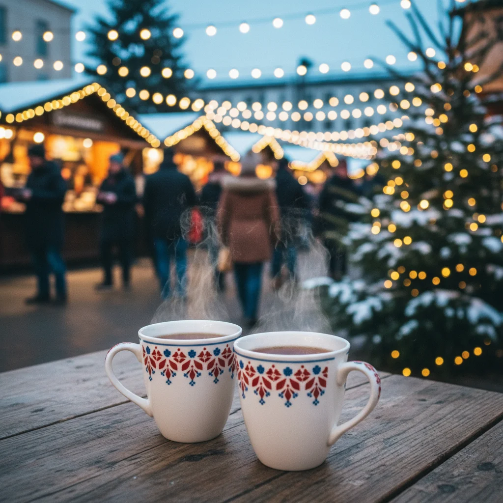 Glögg in Tassen auf einem skandinavischen Weihnachtsmarkt mit Lichterketten