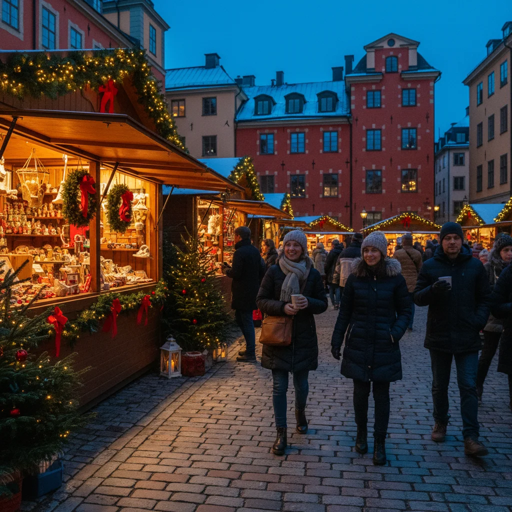 Weihnachtsmarkt auf dem Stortorget in Stockholms Gamla Stan mit beleuchteten Ständen