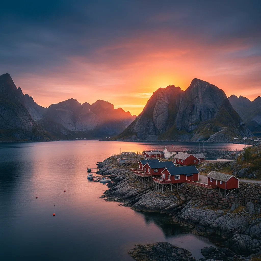 Mitternachtssonne über den Lofoten in Norwegen mit roten Fischerhütten und Bergen
